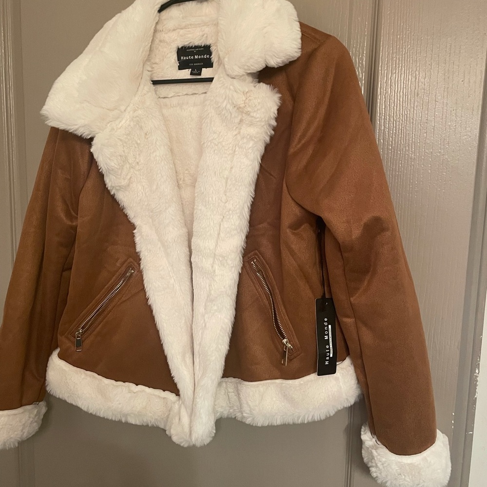 Soft and cozy suede Brown jacket with cream white fur lined